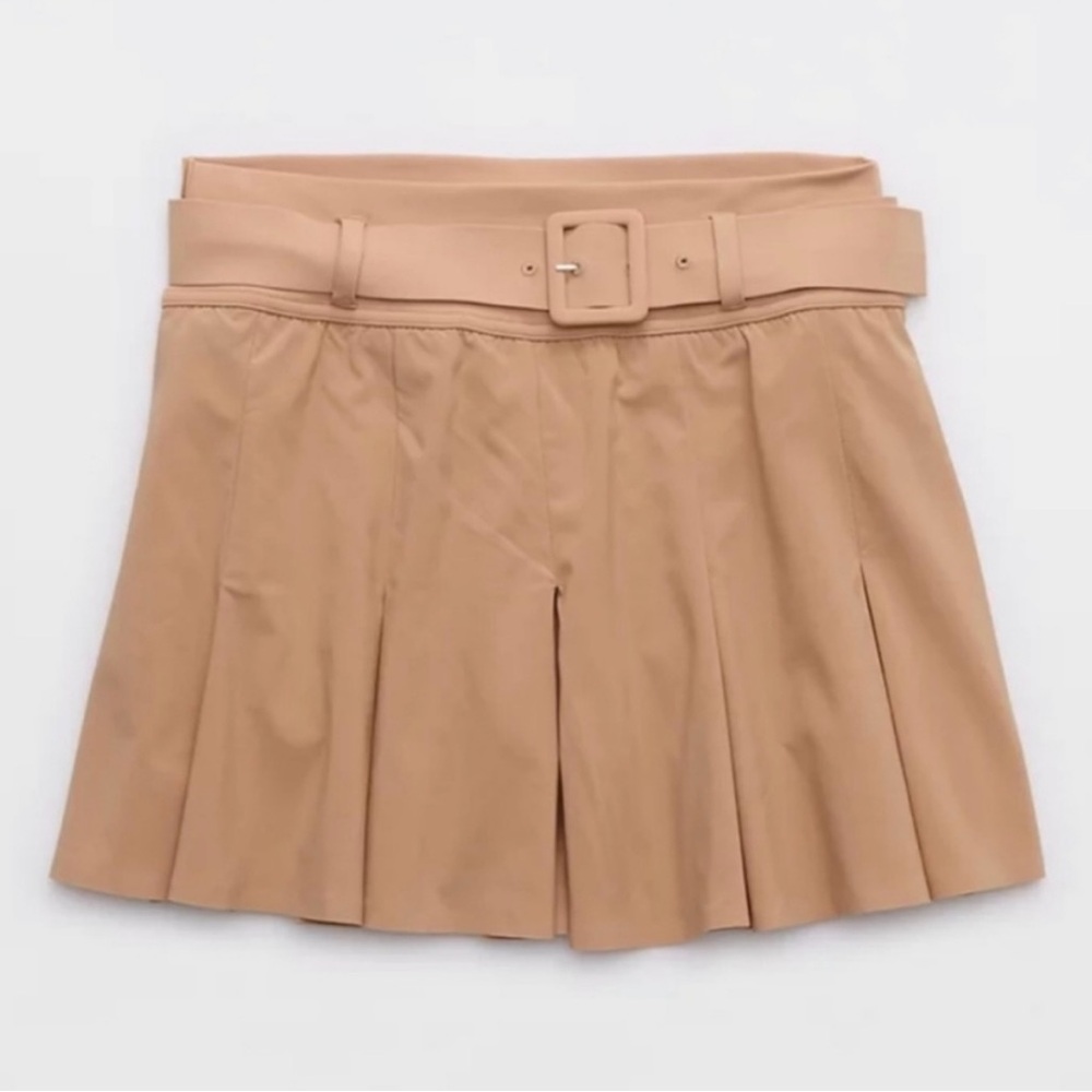 Tan Pleated Mini Skirt with Belt